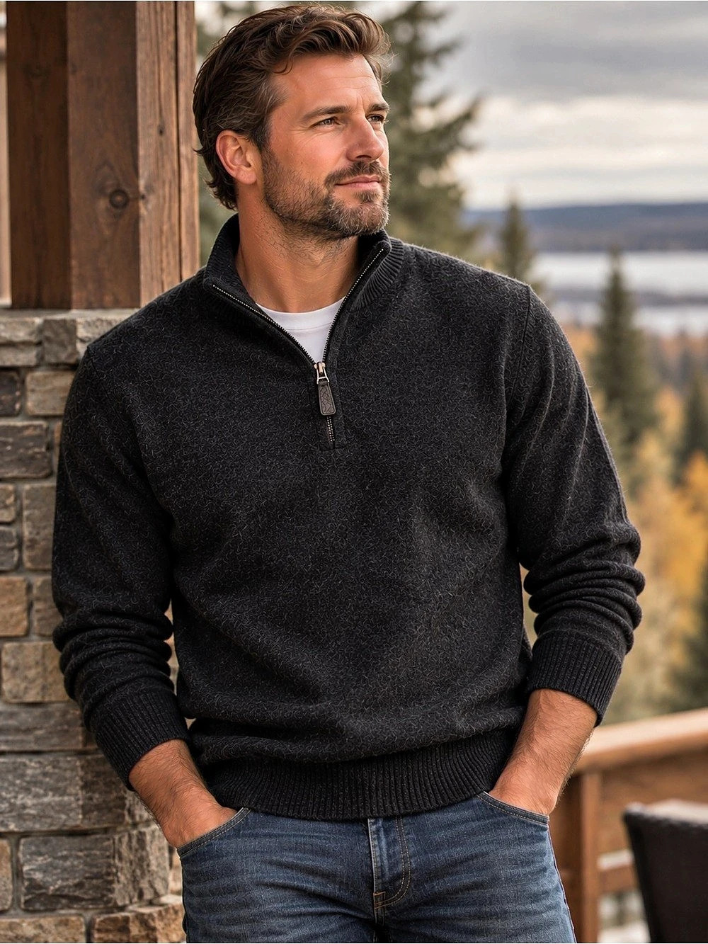 John W. Nordstrom | 100% Cashmere | Large | Charcoal | Quarter-Zip Sweater